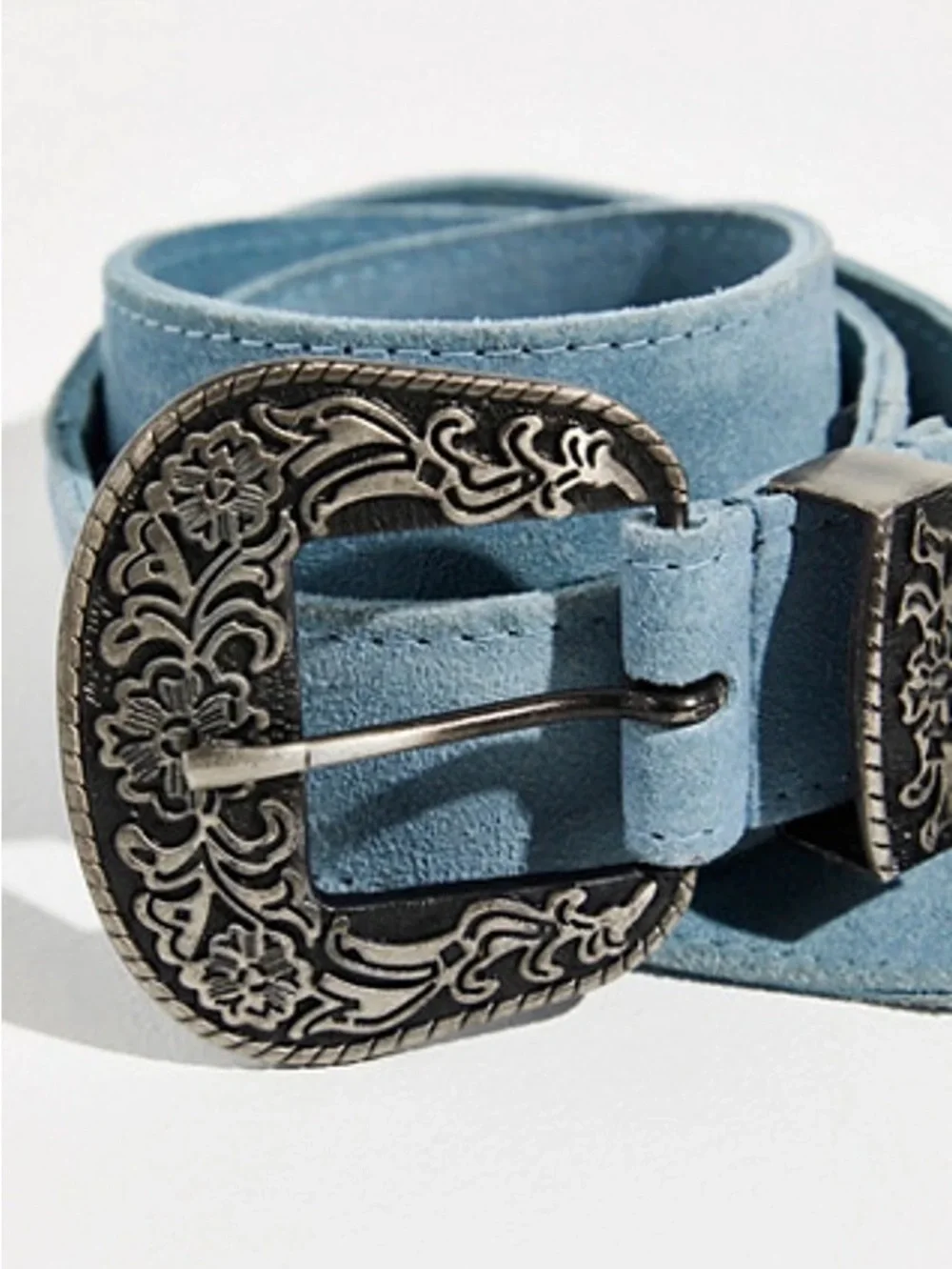 Free People Powder Blue Suede Black Rock Western Buckle Belt